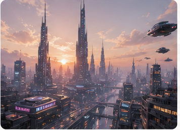 Futuristic city at sunset